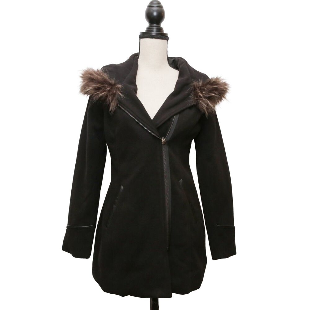 Maralyn & Me‎ Size Small Black Asymmetrical Zip Coat Faux Fur Hood Trim